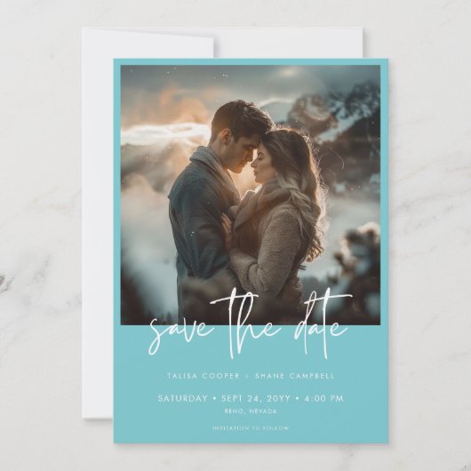Minimal Dusty Aqua Blauwgroen Modern Photo Wedding Save The Date (Voorkant)