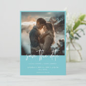 Minimal Dusty Aqua Blauwgroen Modern Photo Wedding Save The Date (Staand voorkant)
