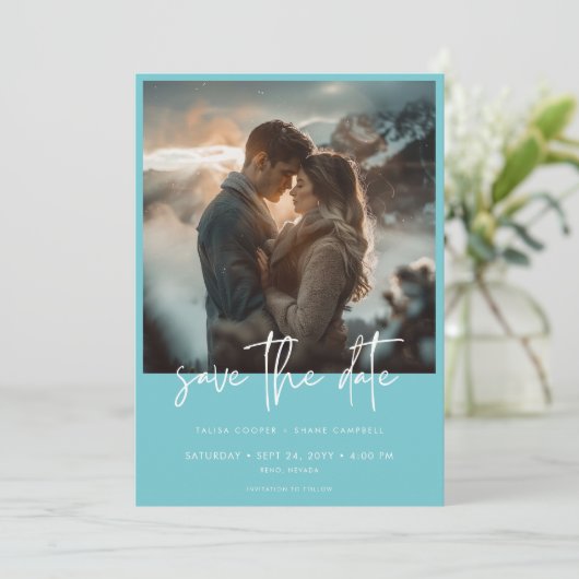 Minimal Dusty Aqua Blauwgroen Modern Photo Wedding Save The Date (Staand voorkant)