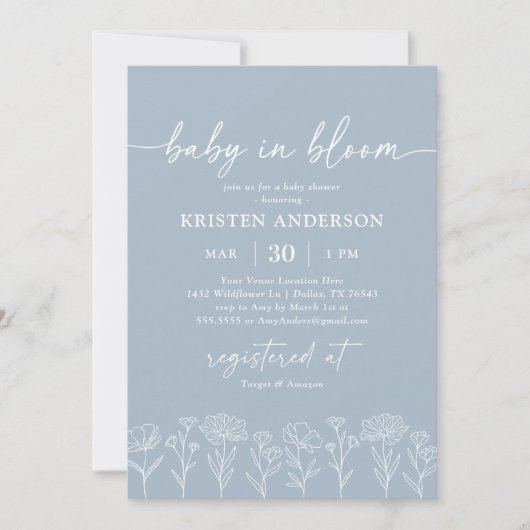 Minimal Dusty Blue Boho Wildflower Baby shower Kaart (Voorkant)