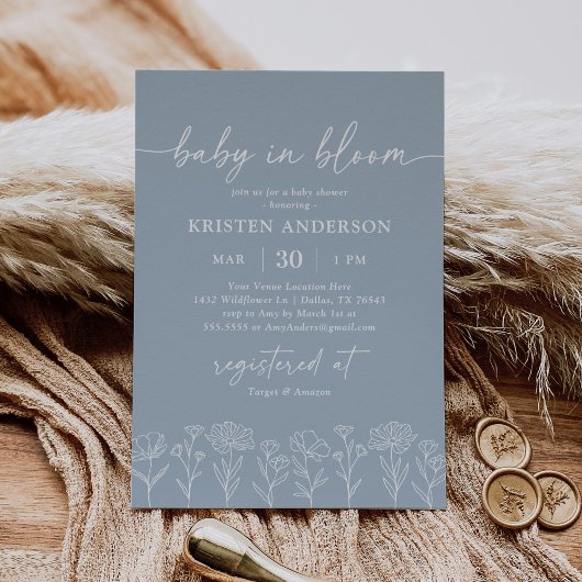 Minimal Dusty Blue Boho Wildflower Baby shower Kaart