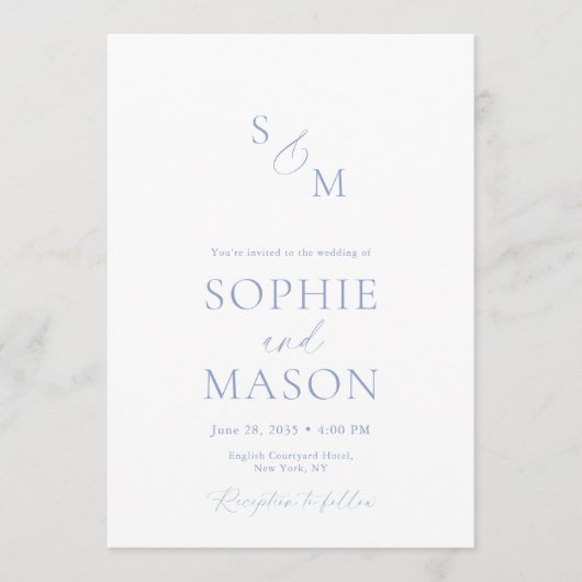 Minimal Dusty Blue Monogram Wedding Invitation Kaart (Voorkant)