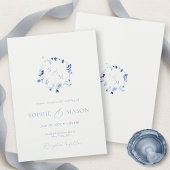 Minimal Dusty Blue Monogram Wreath Wedding  Kaart