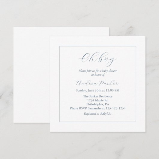 Minimal Dusty Blue Oh Boy Baby shower Kaart (Voorkant / Achterkant)