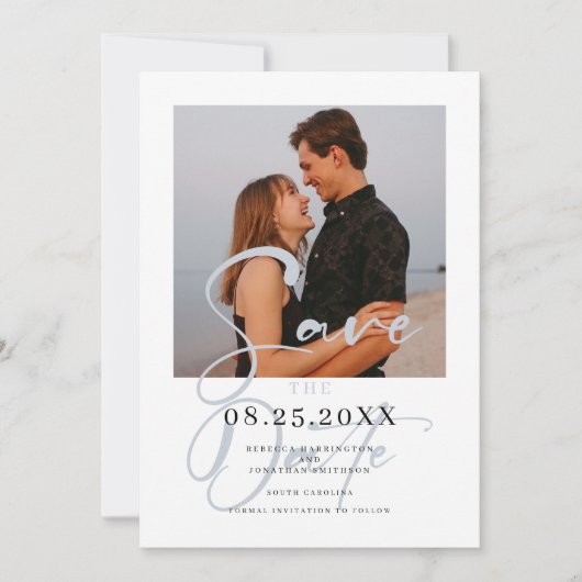 Minimal Dusty Blue Photo Wedding Sla de datum op Save The Date (Voorkant)