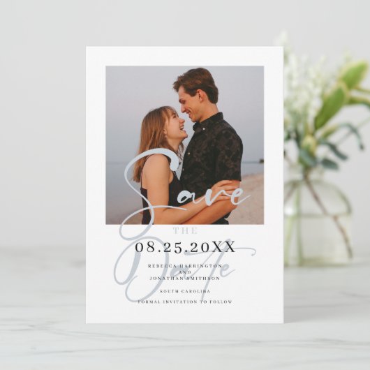 Minimal Dusty Blue Photo Wedding Sla de datum op Save The Date (Staand voorkant)
