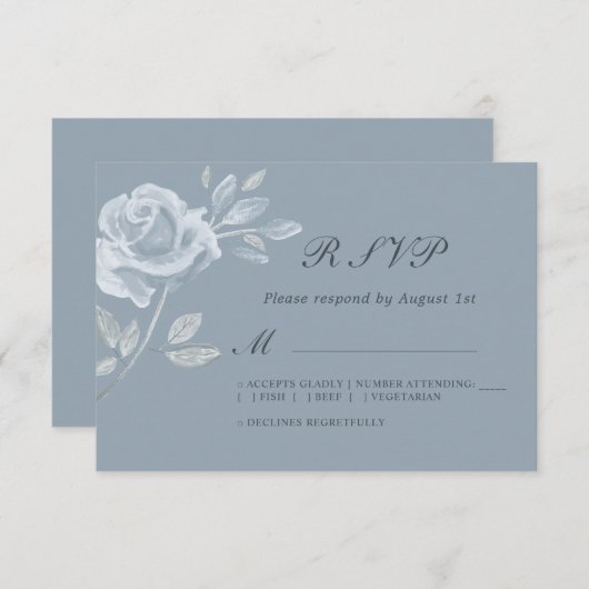 Minimal Dusty Blue Roos Wedding RSVP (Voorkant / Achterkant)