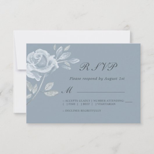 Minimal Dusty Blue Roos Wedding RSVP Kaartje (Voorkant)