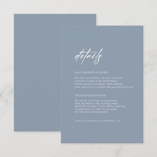 Minimal Dusty Blue Wedding Details Behuizing Kaart (Voorkant / Achterkant)