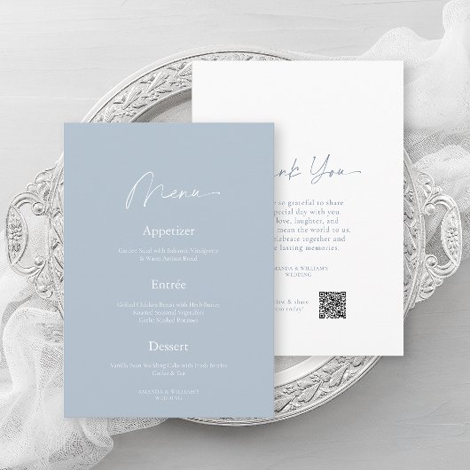 Minimal Dusty Blue Wedding Menu & Thank You Card Kaart