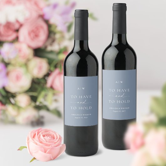 Minimal Dusty Blue Wedding Wine Label Wijn Etiket
