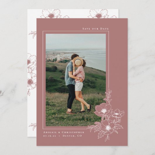 Minimal Dusty Roos Anemone Art Floral Wedding Save The Date (Voorkant / Achterkant)