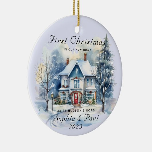 Minimal Eerste Kerstmis in onze nieuwe Home Waterv Keramisch Ornament (Rechts)