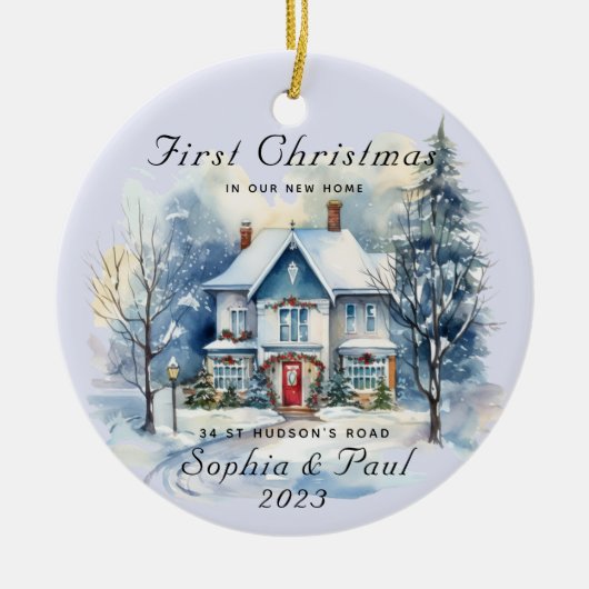 Minimal Eerste Kerstmis in onze nieuwe Home Waterv Keramisch Ornament (Voorkant)