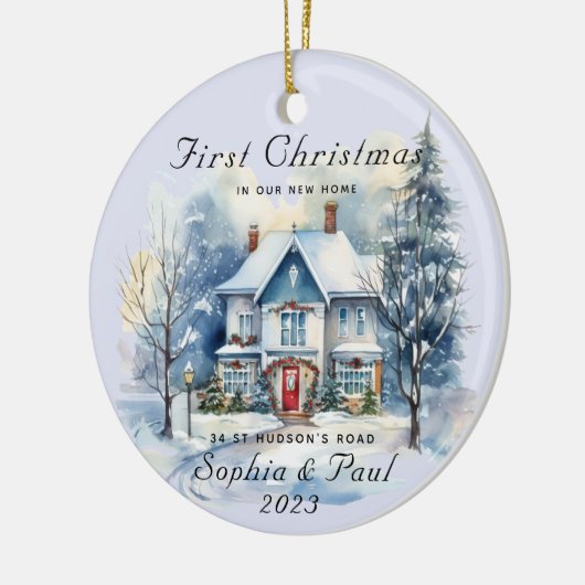 Minimal Eerste Kerstmis in onze nieuwe Home Waterv Keramisch Ornament (Links)