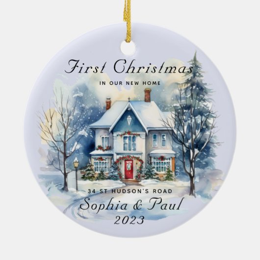 Minimal Eerste Kerstmis in onze nieuwe Home Waterv Keramisch Ornament (Achterkant)