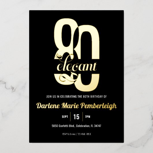 Minimal Eighty & Elegant 80th Birthday Zwart Goud Folie Uitnodiging (Voorkant)