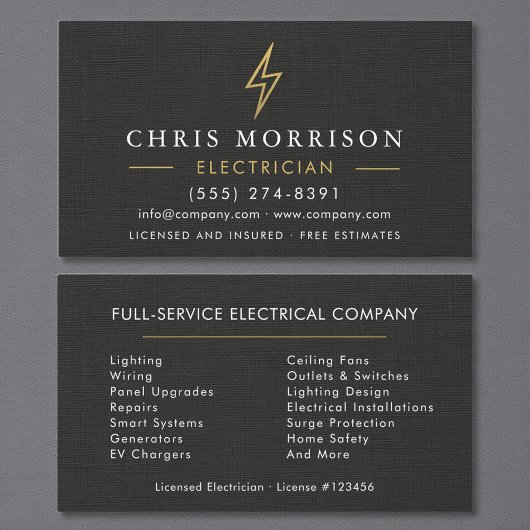 Minimal Electrician Black Gold Linen Visitekaartje