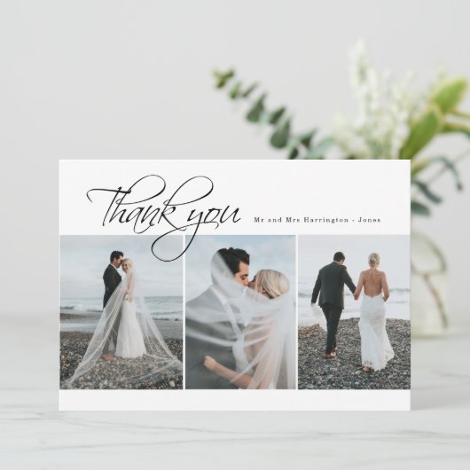 Minimal Elegant 3 foto bruiloft bedankkaart (Staand voorkant)