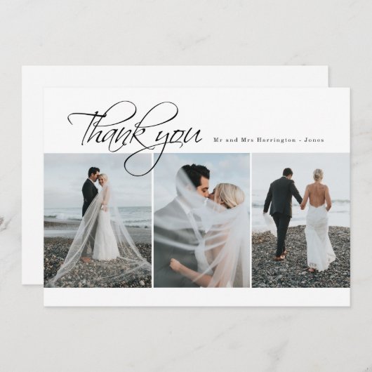 Minimal Elegant 3 foto bruiloft bedankkaart (Voorkant / Achterkant)