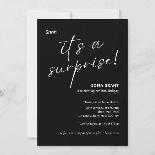 Minimal Elegant Black Surprise Party Invitation Kaart (Voorkant)