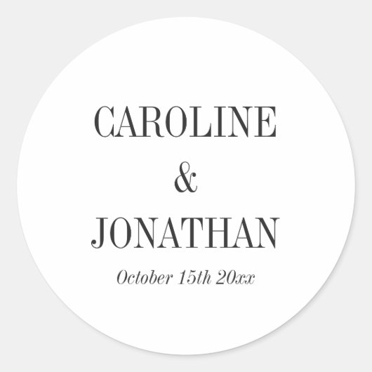 Minimal Elegant Black White Serif Wedding Names Ronde Sticker (Voorkant)