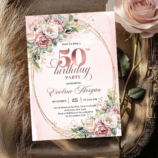 Minimal Elegant Blush 50th Birthday Invitation Kaart