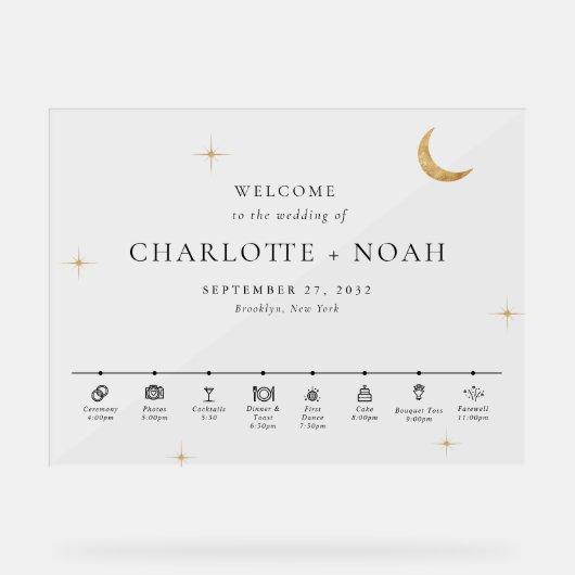 Minimal Elegant Celestial Wedding Timeline Welcome Acryl Bord (Voorkant)