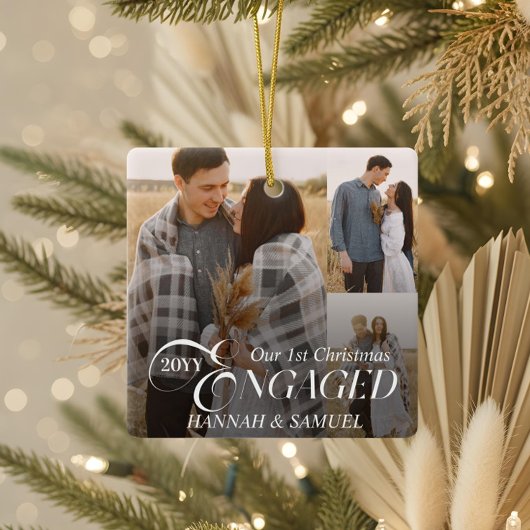 Minimal Elegant Engaged Couples Photo Collage Keramisch Ornament