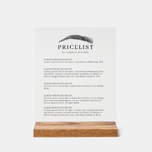 Minimal Elegant Eyebrow Salon Pricelist Acryl Bord (Voorkant)