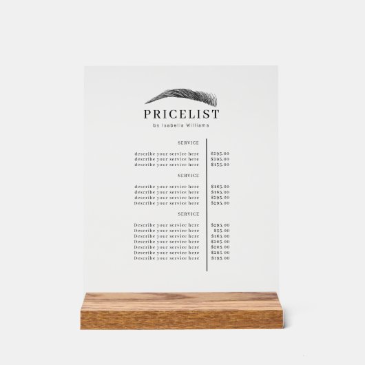 Minimal Elegant Eyebrow Salon Pricelist Acryl Bord (Voorkant)