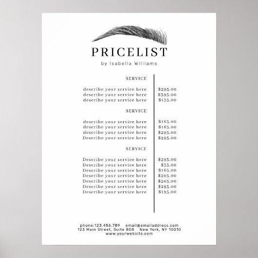 Minimal Elegant Eyebrow Salon Pricelist Poster (Voorkant)