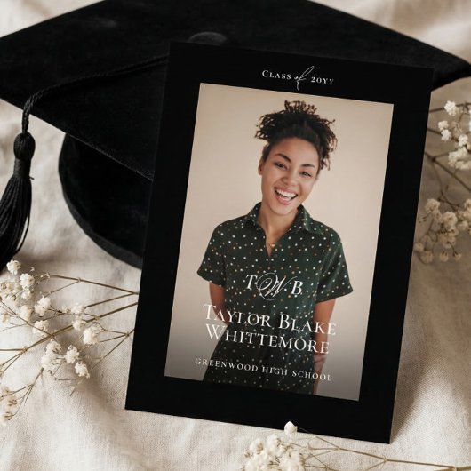 Minimal Elegant Monogram Black Graduation Photo Aankondiging