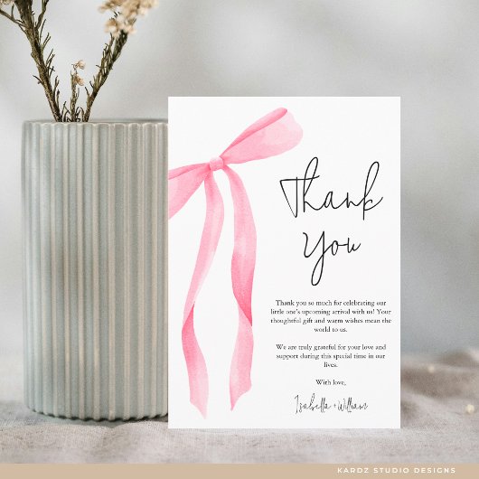 Minimal Elegant Pink Bow Baby Shower Bedankkaart