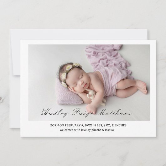 Minimal Elegant Script Baby Girl Arrival Card Aankondiging (Voorkant)