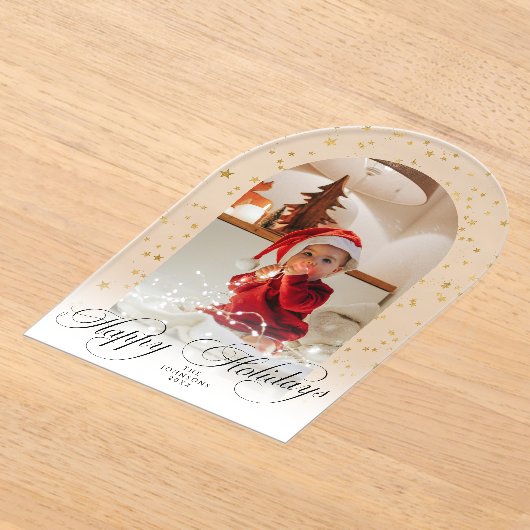 Minimal Elegant Script Christmas Card Arch Photo Acryl Uitnodigingen (Laagn)