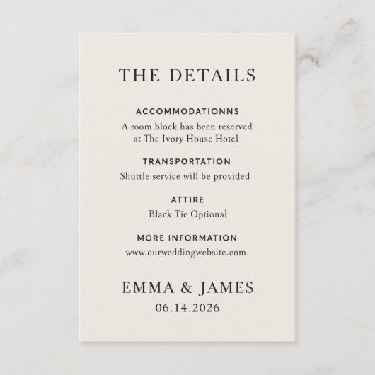 Minimal Elegant Wedding Details Card Informatiekaartje (Voorkant)