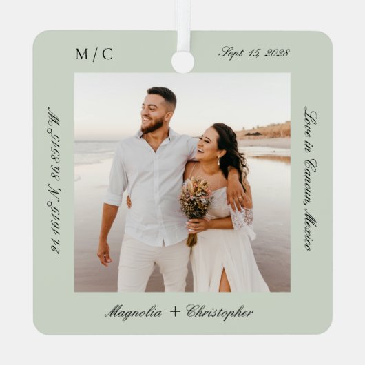 Minimal Elegant Wedding Honeymoon Photo keepsake Metalen Ornament (Achterkant)