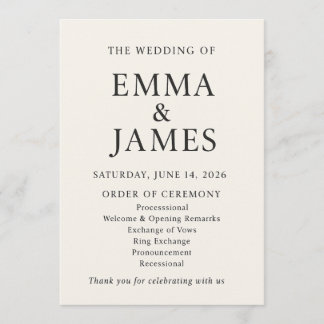 Minimal Elegant Wedding Program | Ivory Ceremony Programmakaart