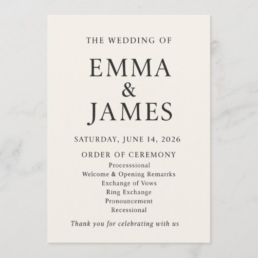 Minimal Elegant Wedding Program | Ivory Ceremony Programmakaart (Voorkant)