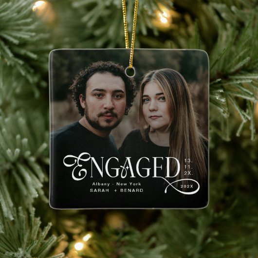Minimal Engaged Couples 2 Photos Stylish Christmas Keramisch Ornament (Boom)