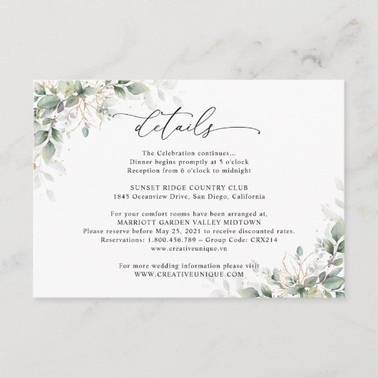 Minimal Eucalyptus Wedding Details Card Informatiekaartje (Voorkant)