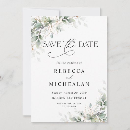 Minimal Eucalyptus Wedding Save The Date Kaart (Voorkant)