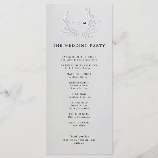 Minimal Faux Blind Deboss Cotton Wedding Program Programmakaart (Achterkant)