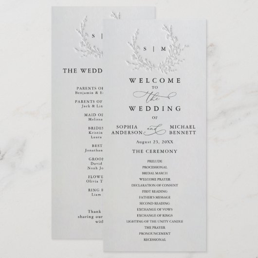 Minimal Faux Blind Deboss Cotton Wedding Program Programmakaart (Voorkant / Achterkant)