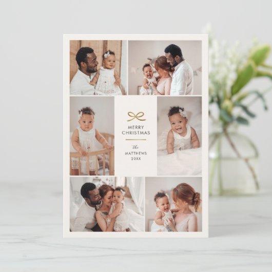 Minimal Faux Foil Bow Six Photo Collage Christmas Feestdagenkaart (Staand voorkant)