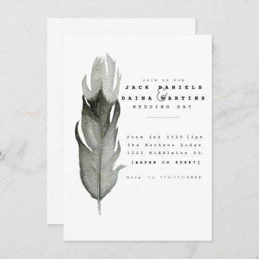 Minimal Feather Waterverf bruiloft uitnodigen Kaart (Voorkant / Achterkant)
