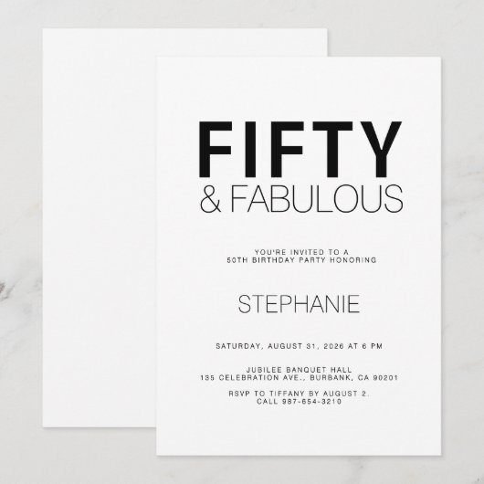 Minimal Fifty and Fabulous 50th Birthday Party Inv Kaart (Voorkant / Achterkant)