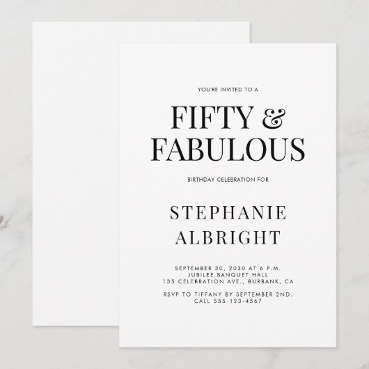 Minimal Fifty and Fabulous 50th Birthday Party Kaart (Voorkant / Achterkant)