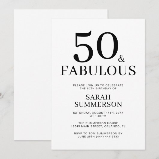 Minimal Fifty and Fabulous 50th Birthday Party Kaart (Voorkant / Achterkant)